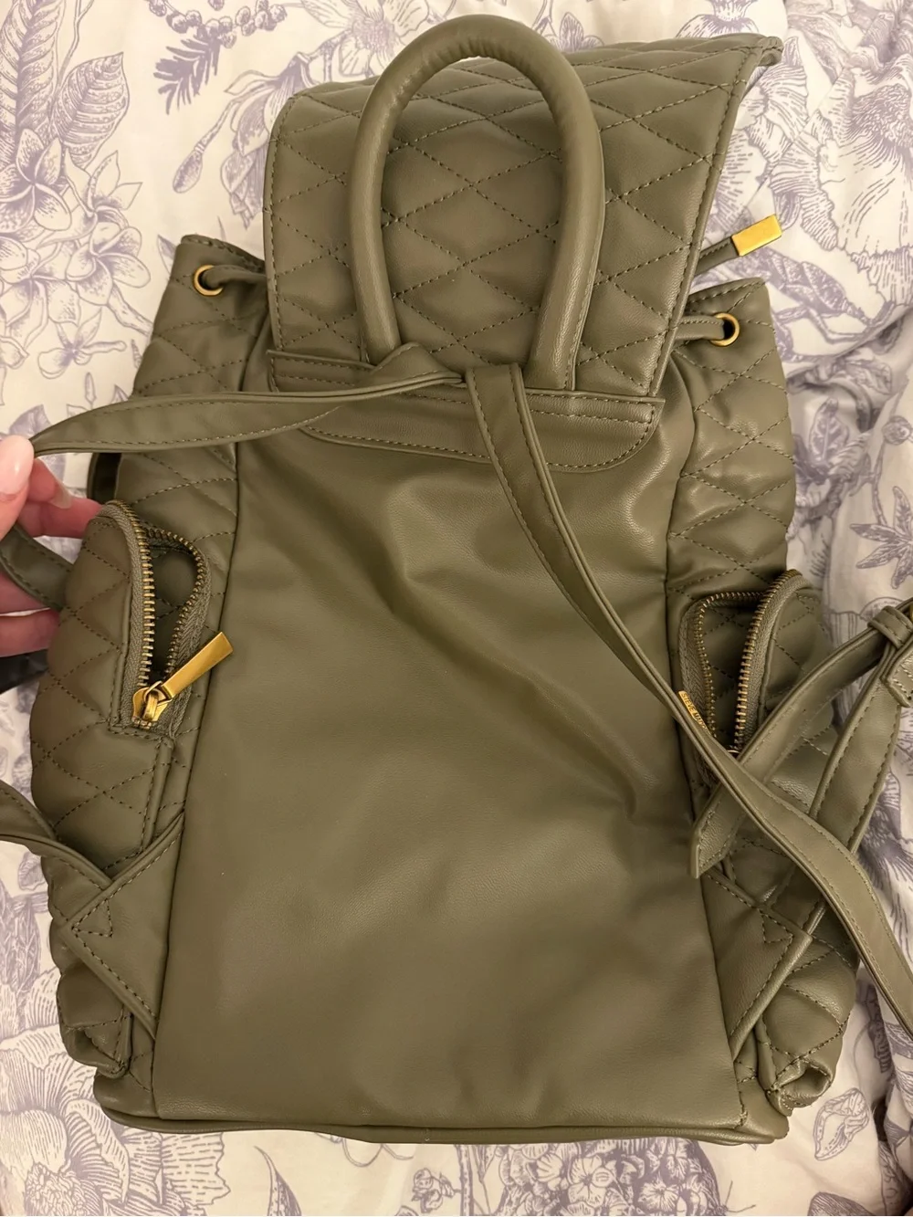 Steve Madden Quilted Olive Backpack with Gold Hardware